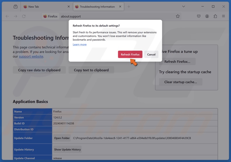 Cliquez sur Rafraîchir Firefox dans la boîte de dialogue de confirmation