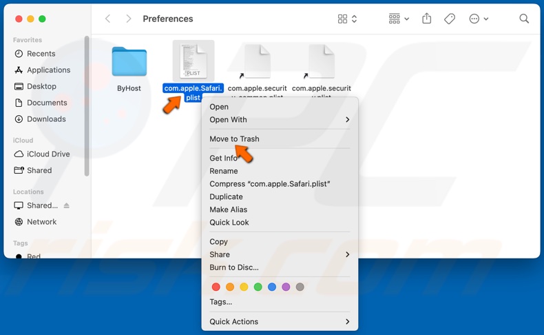 Cliquez avec le bouton droit de la souris sur com.apple.Safari.plist et cliquez sur Déplacer vers la corbeille