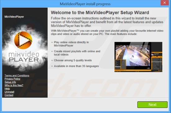 Installateur du logiciel de publicité MixVideoPlayer