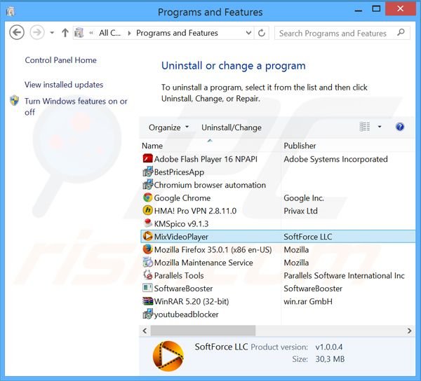 Désinstallation du logiciel de publicité MixVideoPlayer via le Panneau de Configuration