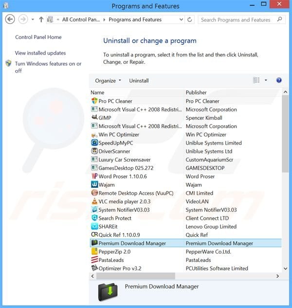 Désinstallation du logiciel de publicité Premium Download Manager via le Panneau de Configuration