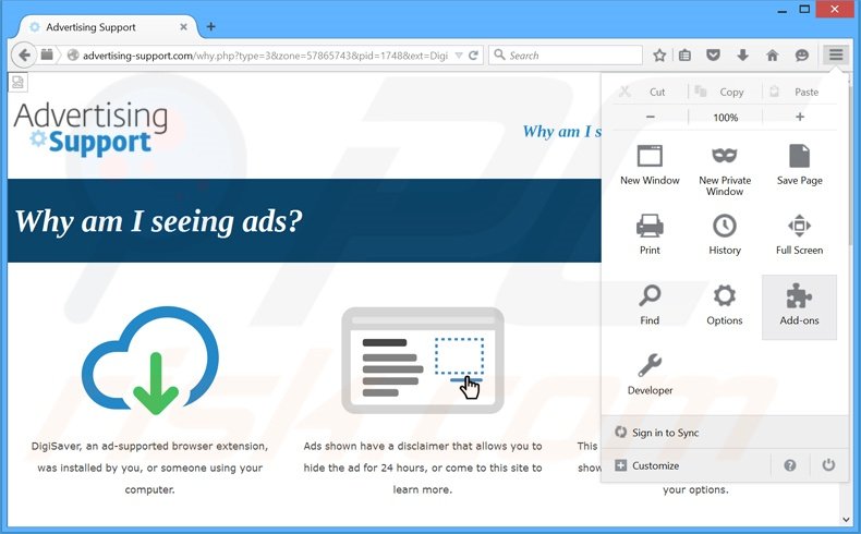 Suppression des publicités DigiSaver dans Mozilla Firefox étape 1