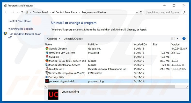 Désinstallation du pirate de navigateur yoursearching.com via le Panneau de Configuration