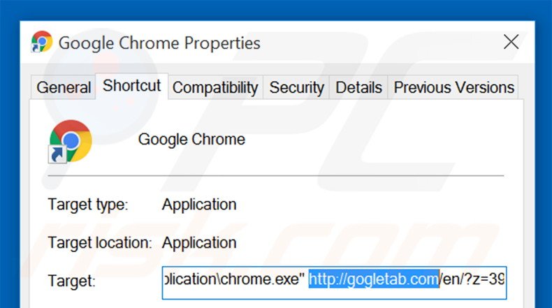 Suppression du raccourci cible de gogletab.com dans Google Chrome étape 2