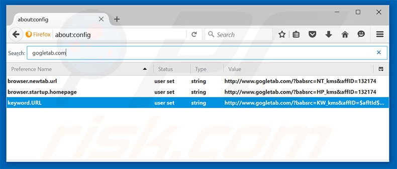 Suppression du moteur de recherche par défaut de gogletab.com dans Mozilla Firefox 