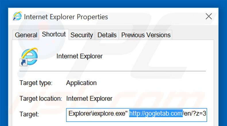 Suppression du raccourci cible de gogletab.com dans Internet Explorer étape 2