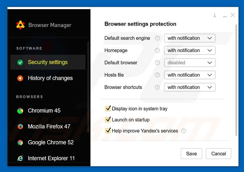 Browser Manager promeut yandex.ru