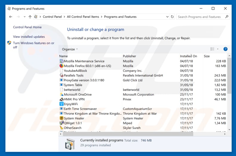 Désinstallation du logiciel de publicité pohs2oom.com via le Panneau de Configuration