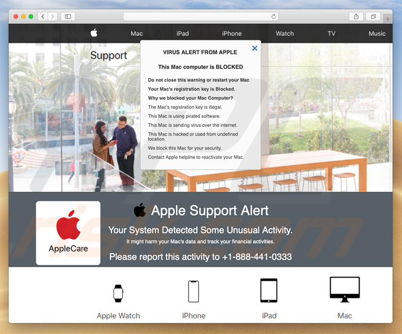 Pop-up de l'arnaque Apple Support Alert  (exemple 2)