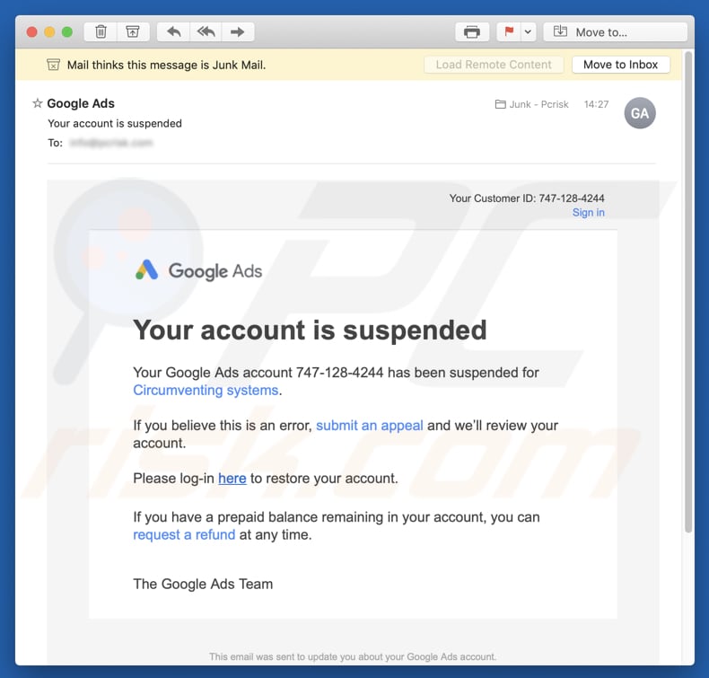 Google Ads - Your account is suspended Campagne de spam