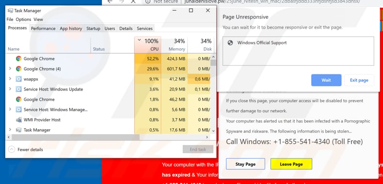 Une page d'escroquerie tente de faire planter l'ordinateur avec une utilisation de 100 CPU