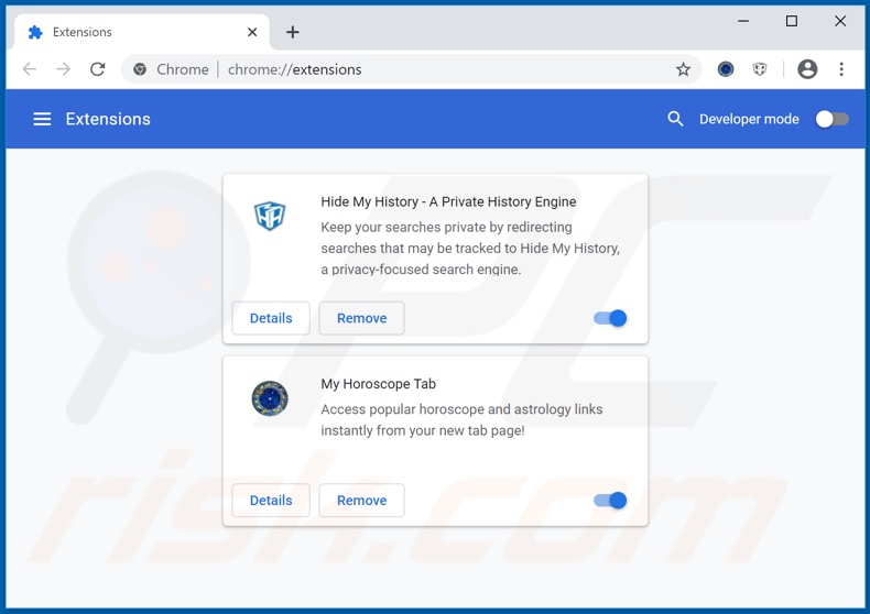Suppression des extensions Google Chrome liées à hmyhoroscopetab.com