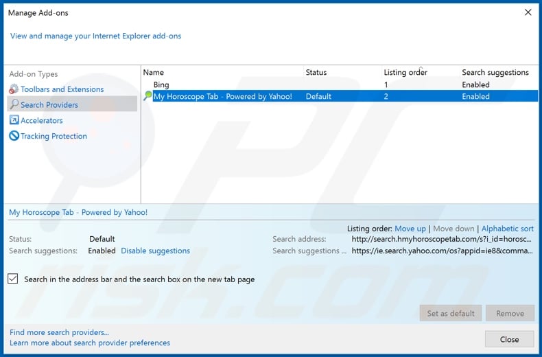 Suppression de hmyhoroscopetab.com du moteur de recherche par défaut d'Internet Explorer