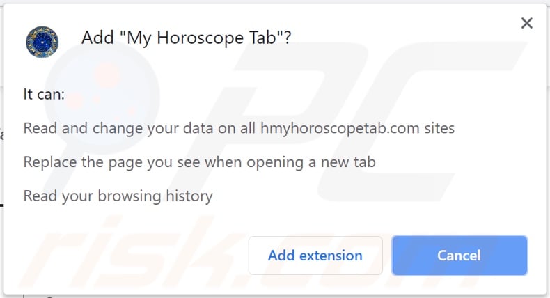 My Horoscope Tab pirate de navigateur demandant des autorisations