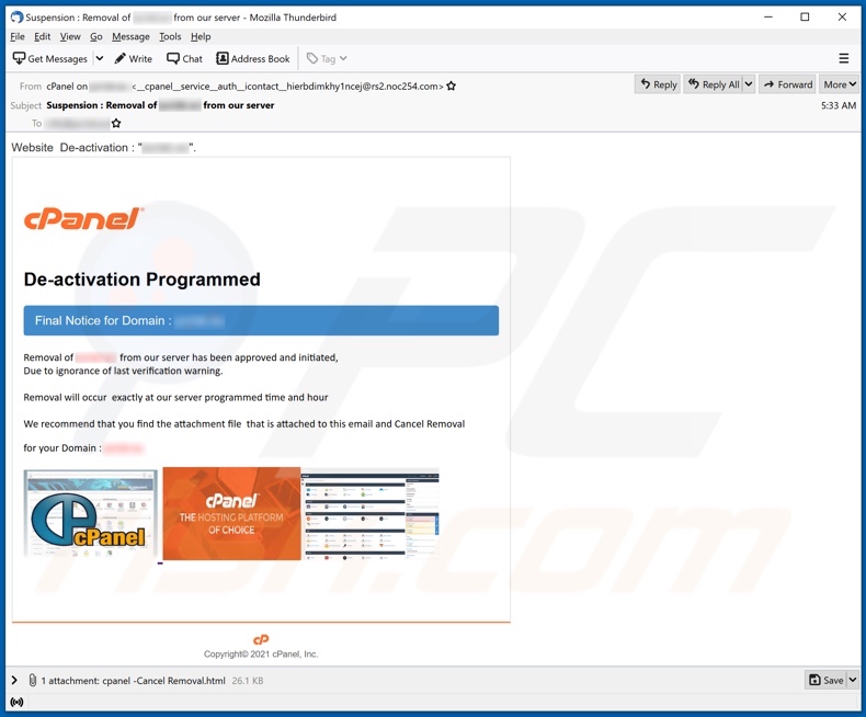 Deuxième variante de l'arnaque par e-mail cPanel