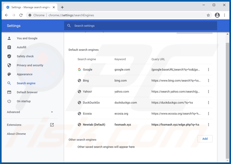 Suppression de fxsmash.xyz du moteur de recherche par défaut de Google Chrome