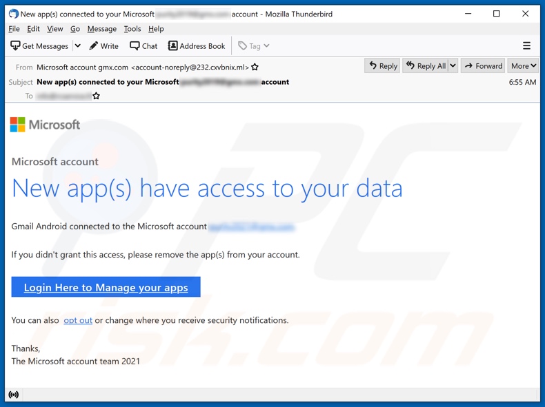 New app(s) have access to your Microsoft Account Campagne de spam par courrier électronique