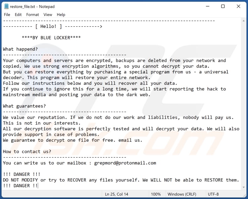 BLUE LOCKER ransomware fichier texte (restore_file.txt)