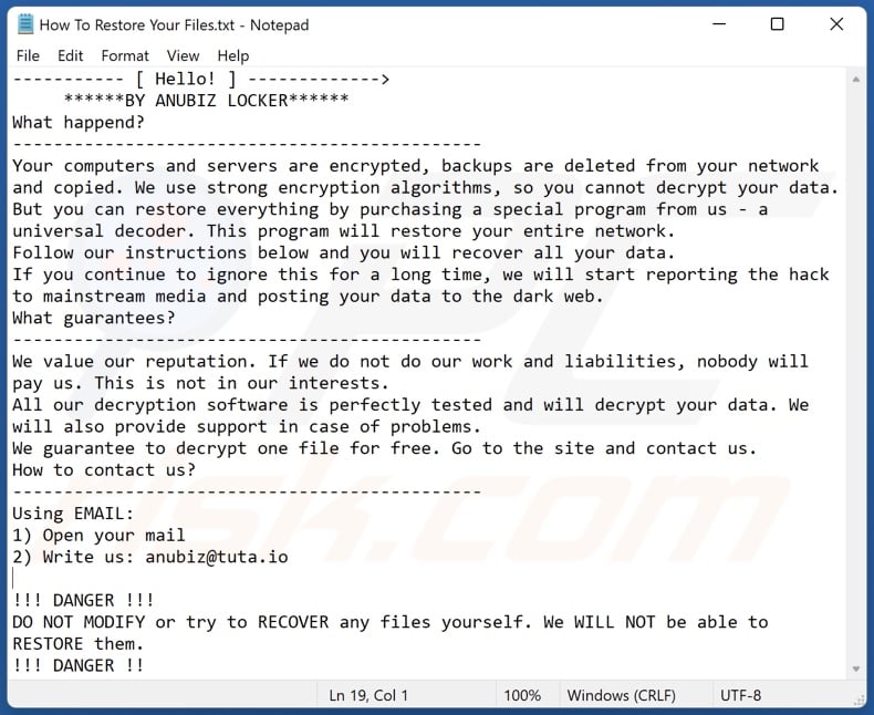 ANUBIZ LOCKER ransomware message de demande de rançon (How To Restore Your Files.txt)