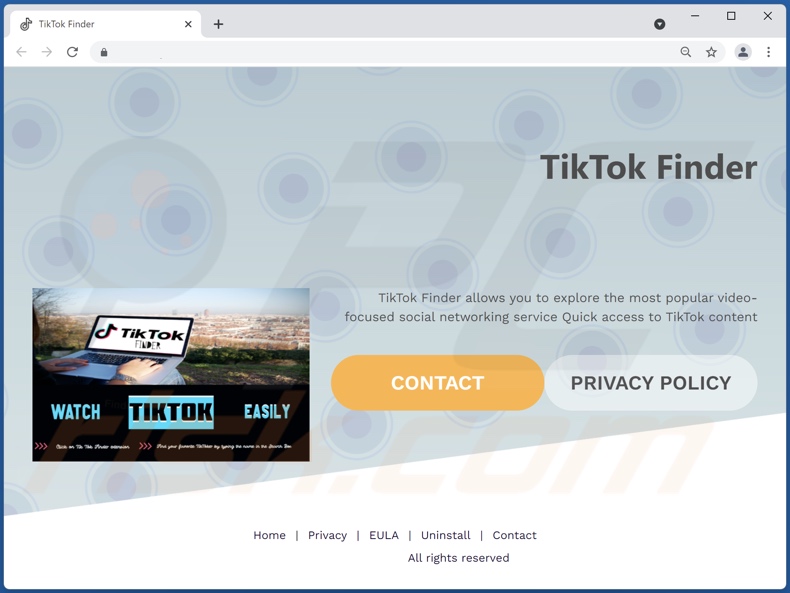 Site Web faisant la promotion du logiciel publicitaire TikTok Finder