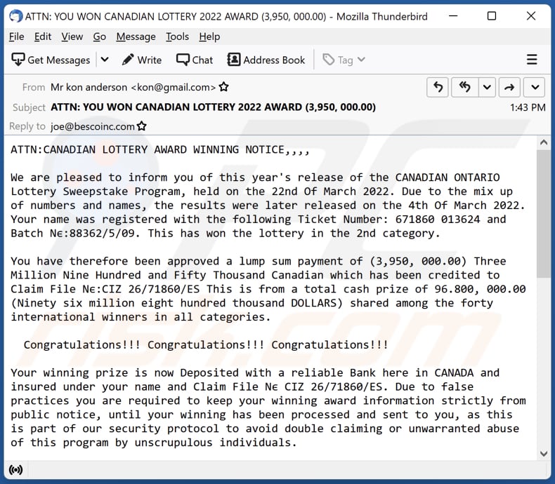 CANADIAN LOTTERY escroquerie par courriel