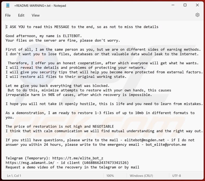 ELITEBOT fichier texte du ransomware (+README-WARNING+.txt)