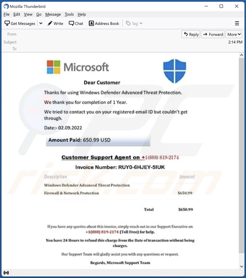 Escroquerie par e-mail Windows Defender Advanced Threat Protection