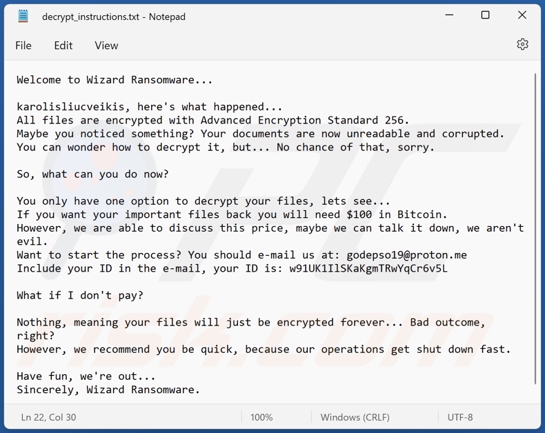 Wizard ransomware fichier texte (decrypt_instructions.txt)