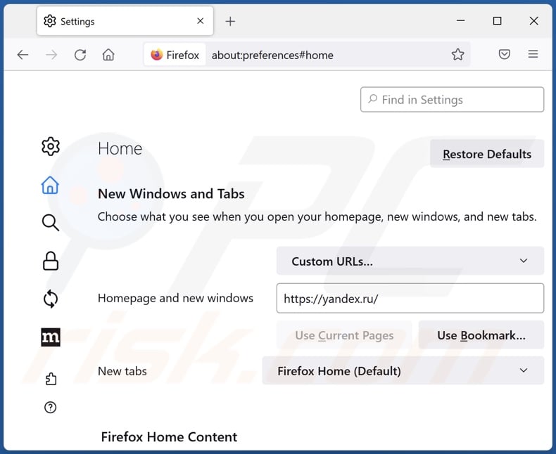 Supprimer yandex.ru de la page d'accueil de Mozilla Firefox