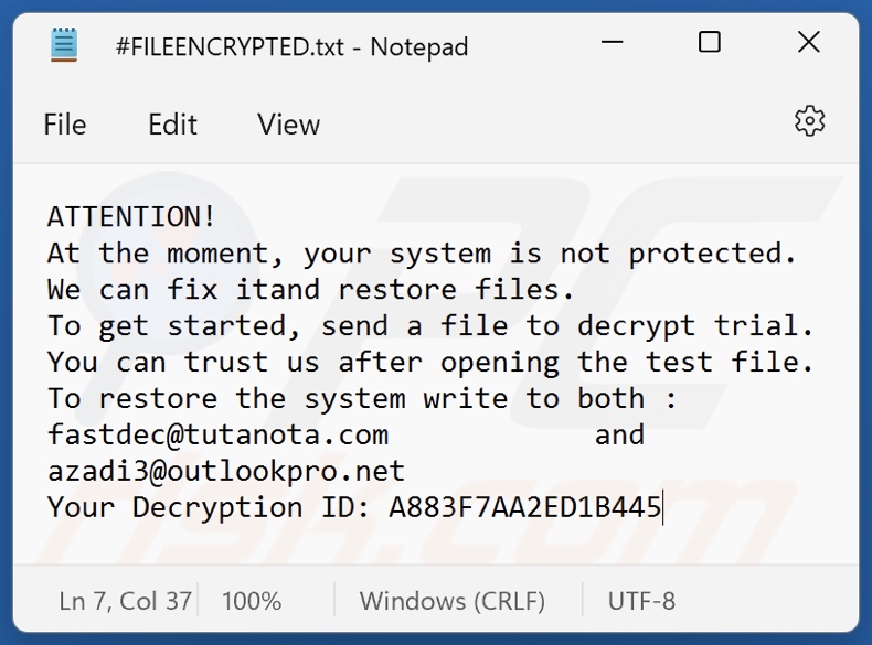 FAST ransomware note de rançon (#FILEENCRYPTED.txt)