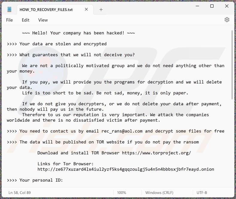 Rec_rans ransomware text file (HOW_TO_RECOVERY_FILES.txt)
