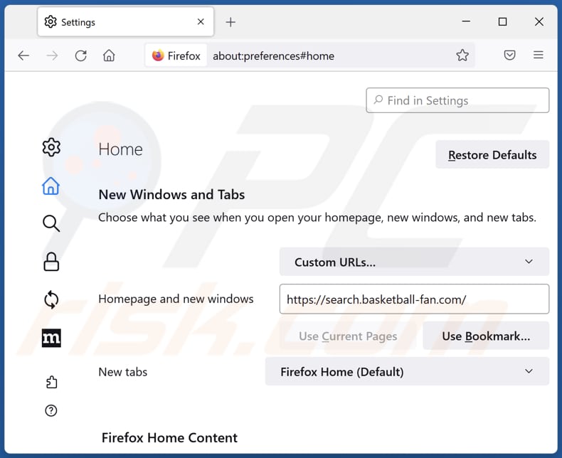 Supprimer search.basketball-fan.com de la page d'accueil de Mozilla Firefox