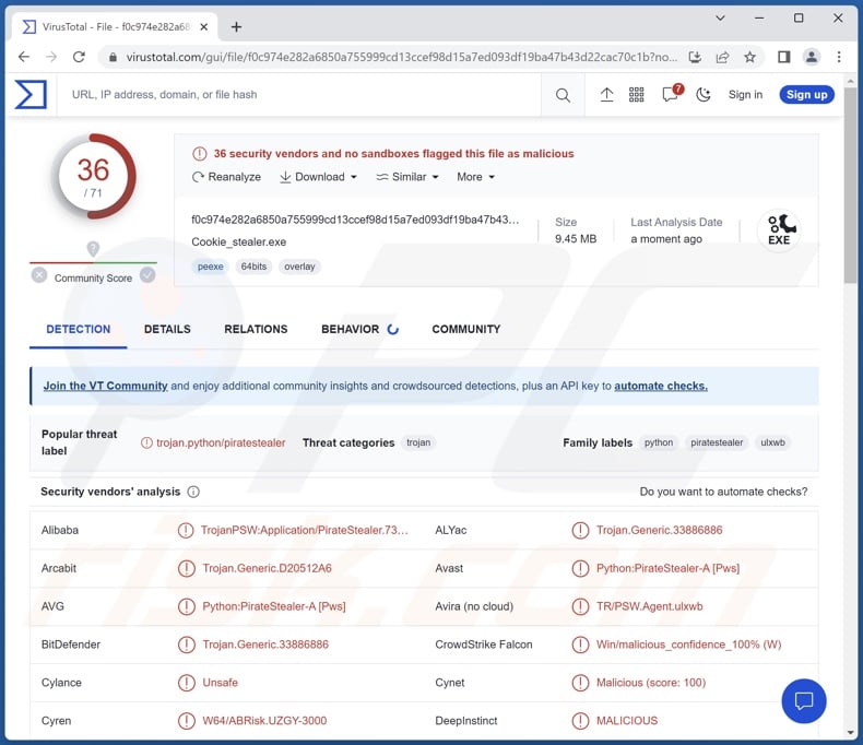 PirateStealer malware detections on VirusTotal