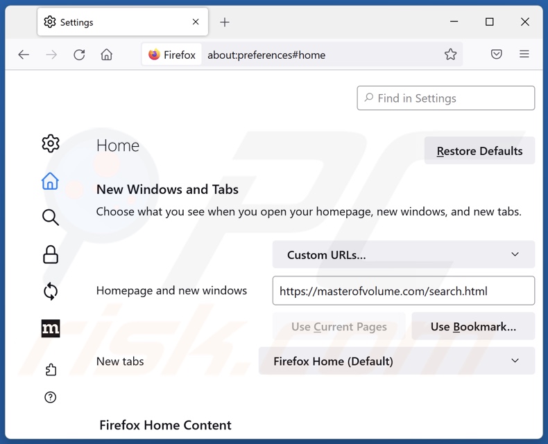 Removing masterofvolume.com from Mozilla Firefox homepage