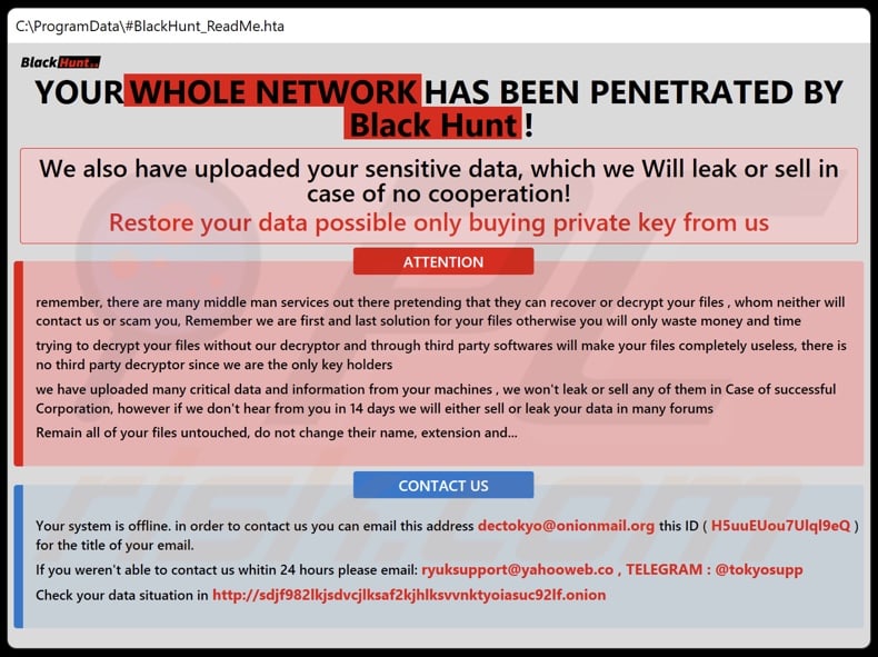 Black Hunt 2.0 ransomware note de rançon (#BlackHunt_ReadMe.hta)