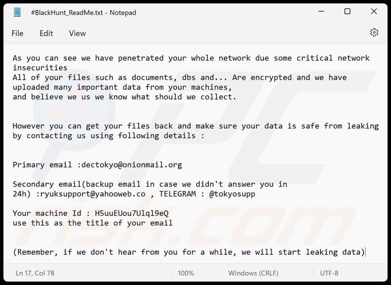 Black Hunt 2.0 ransomware fichier texte (#BlackHunt_ReadMe.txt)