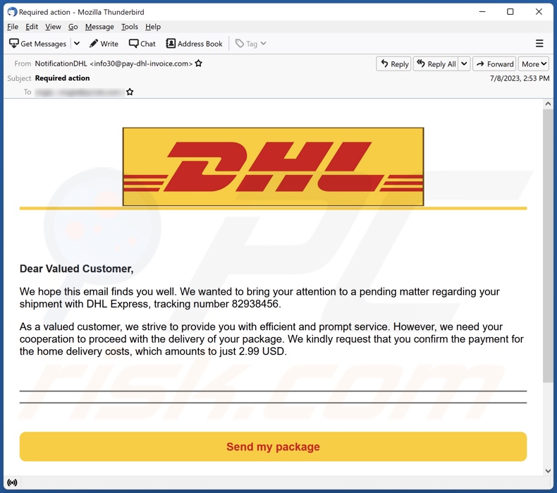 DHL Delivery Payment Campagne de spam par courrier électronique