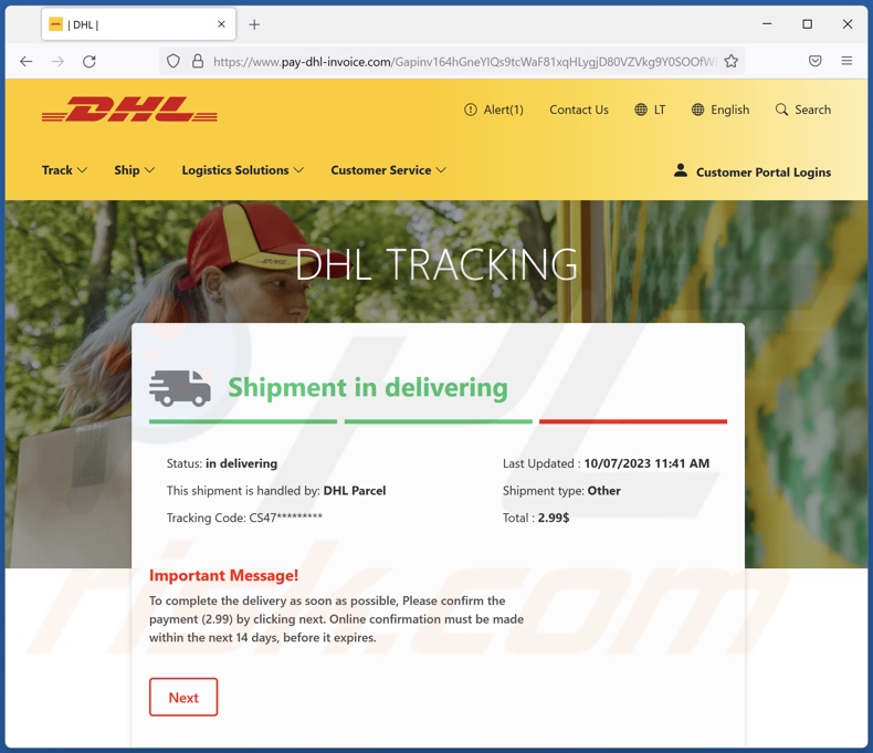 DHL Delivery Payment courriel frauduleux promouvant un faux site DHL