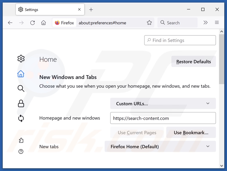 Suppression de search-content.com de la page d'accueil de Mozilla Firefox