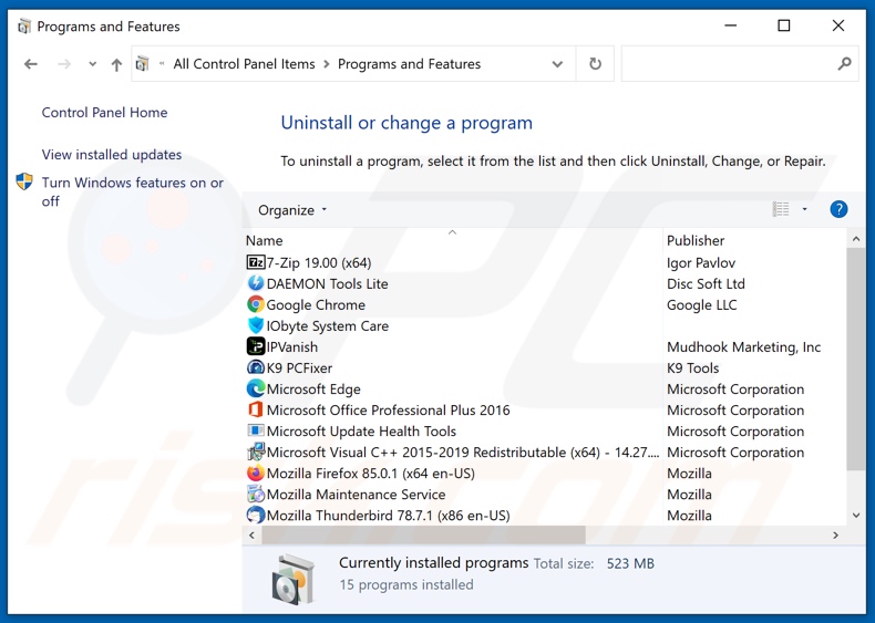 Browser-hijacking désinstallation d'applications via Control Panel