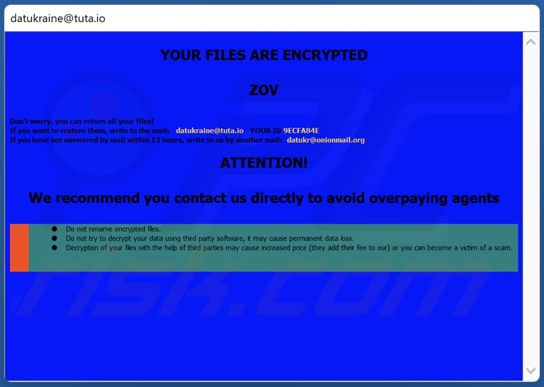 ZOV ransomware pop-up window