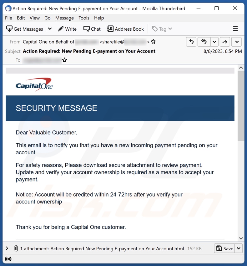 Capital One SECURITY MESSAGE Campagne de spam par courrier électronique