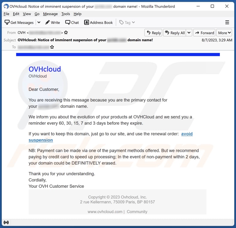 OVHCloud Suspension email spam campaign