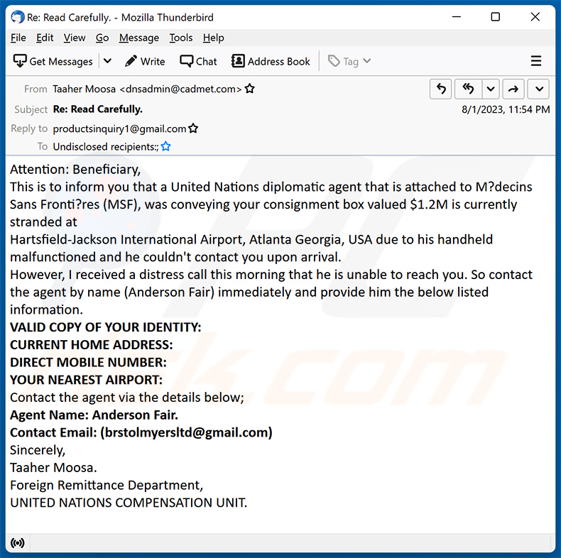 United Nations - Abandoned Shipment escroquerie par courriel (2023-08-11)