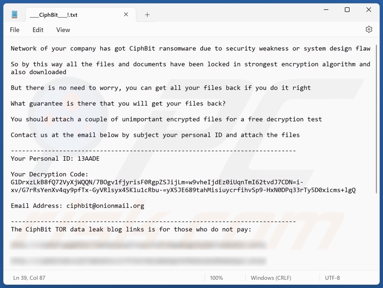 Fichier texte du rançongiciel CiphBit (____CiphBit____!.txt)