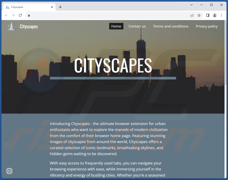 Site Web faisant la promotion du pirate de navigateur Cityscapes