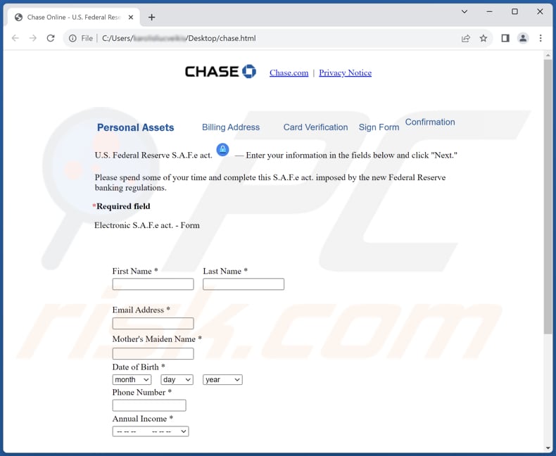Faux formulaire joint à ce courriel JPMorgan Chase Online Security Department