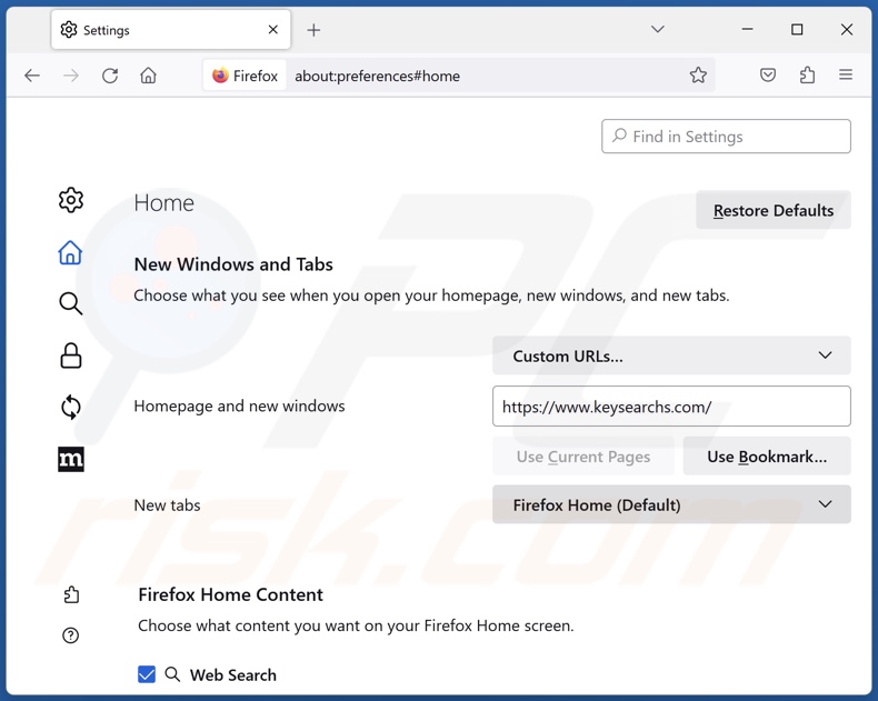 Suppression de keysearchs.com de la page d'accueil de Mozilla Firefox