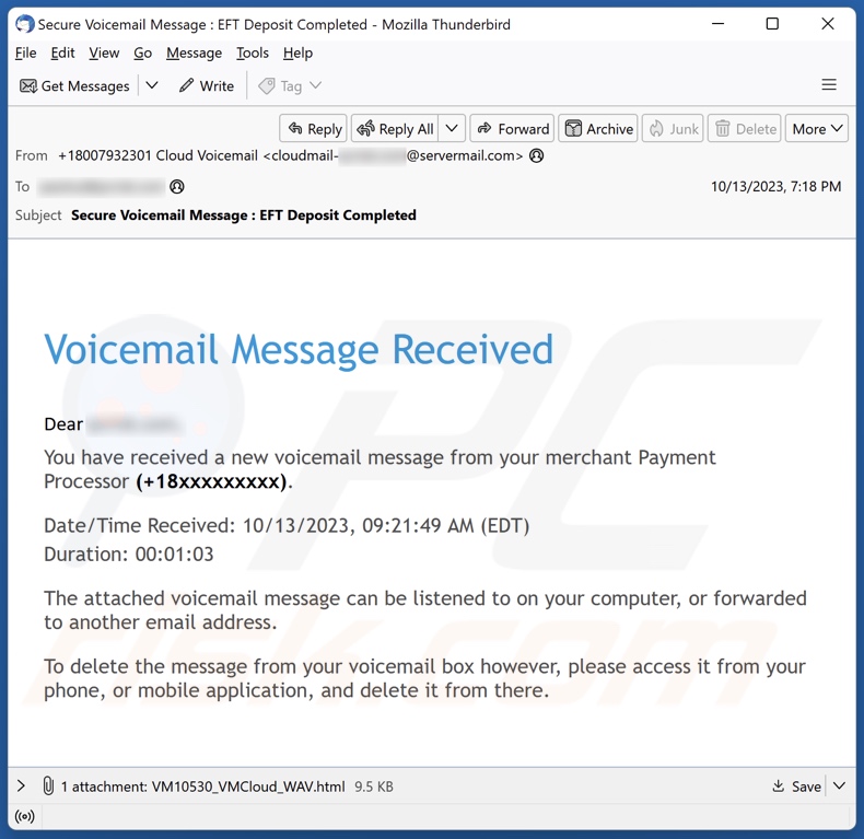 Voicemail Message Received campagne de spam par courrier électronique