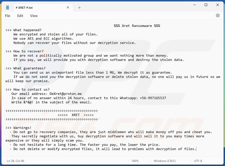 Note de rançon pour ransomware Xret (# XRET #.txt)